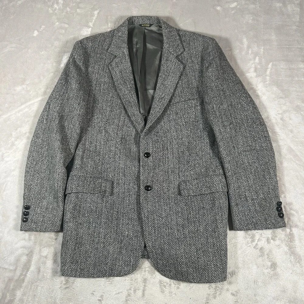VTG Harris Tweed Blazer Mens 44L Gray Herringbone Pure Scottish Wool Handwoven